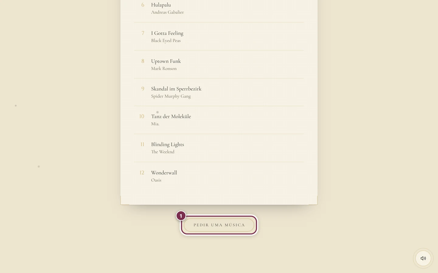 Seção Nossa playlist no convite com uma lista numerada de músicas e o botão Pedir uma música
