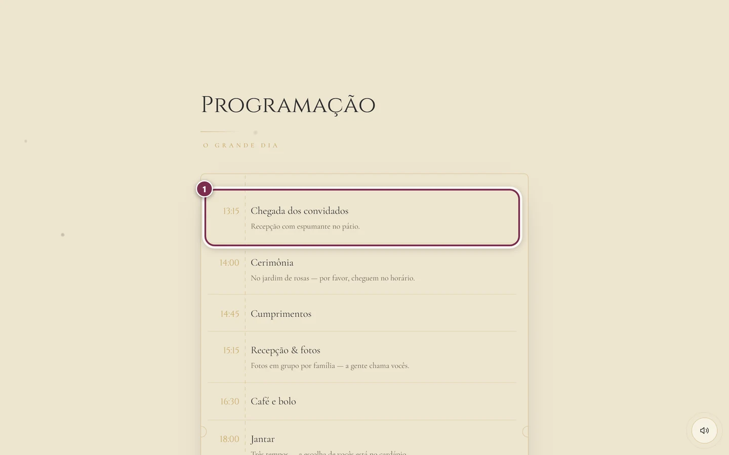 Seção Programação com uma linha do tempo e um anel em volta do primeiro item