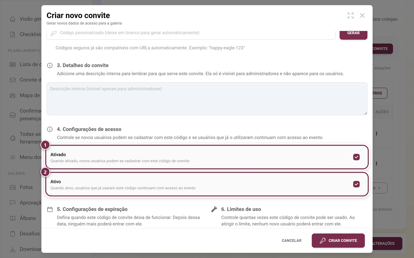 Seção 4 do diálogo com as duas caixas de seleção Ativado e Ativo