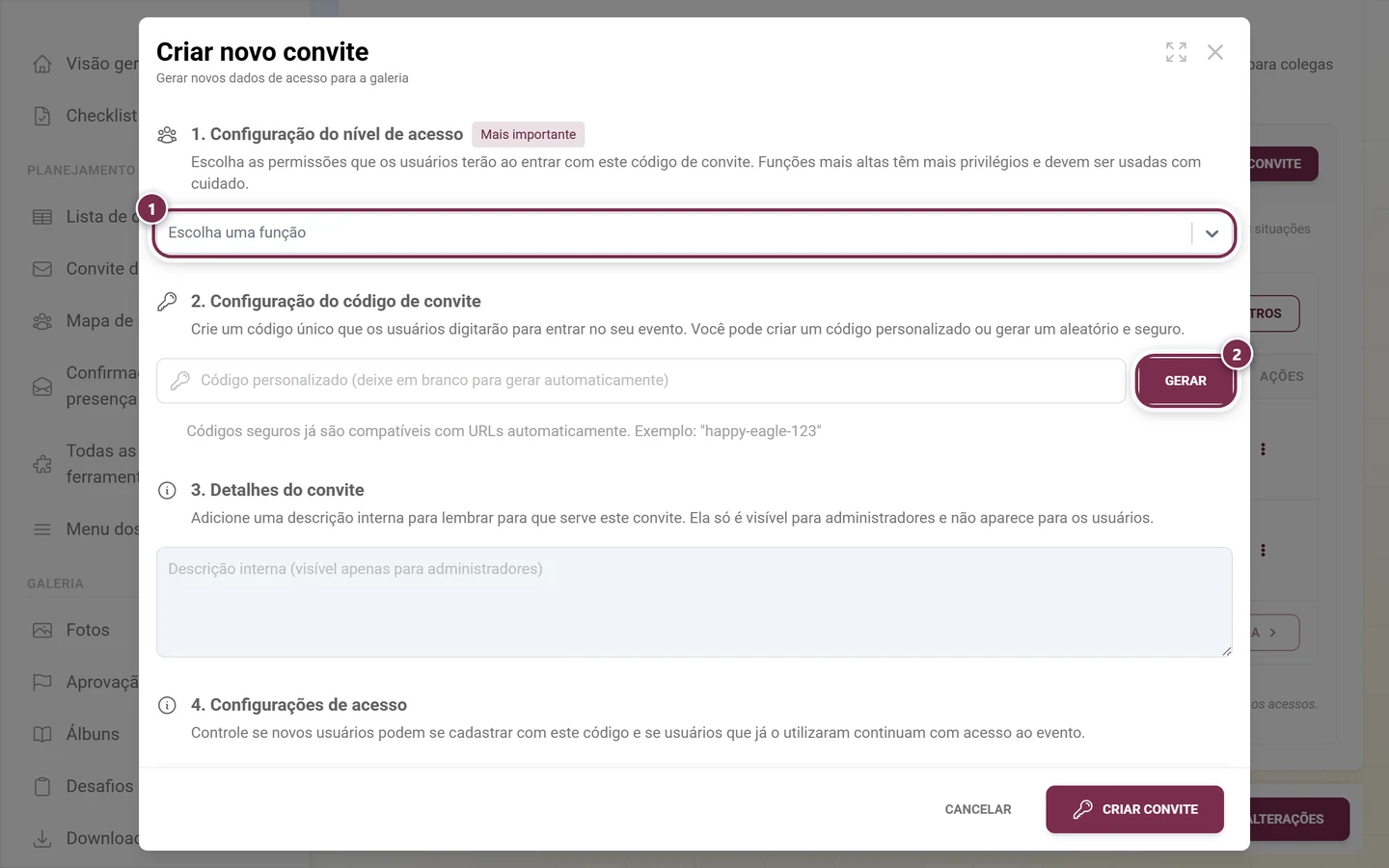 Diálogo de criação com o campo de escolha de função e o botão Gerar