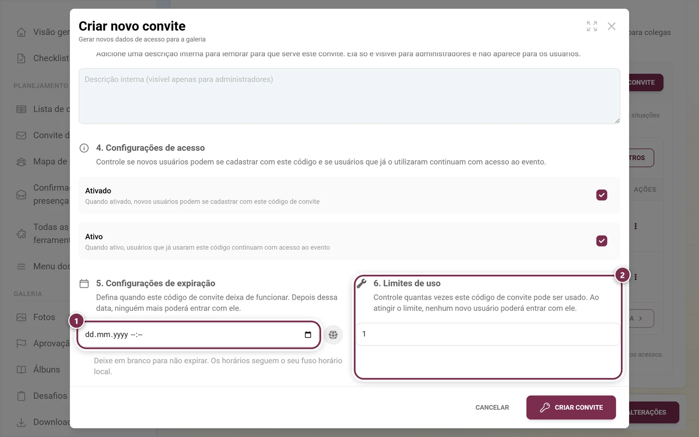 Seções 5 e 6 do diálogo lado a lado: data de expiração vazia, limite de uso em 1
