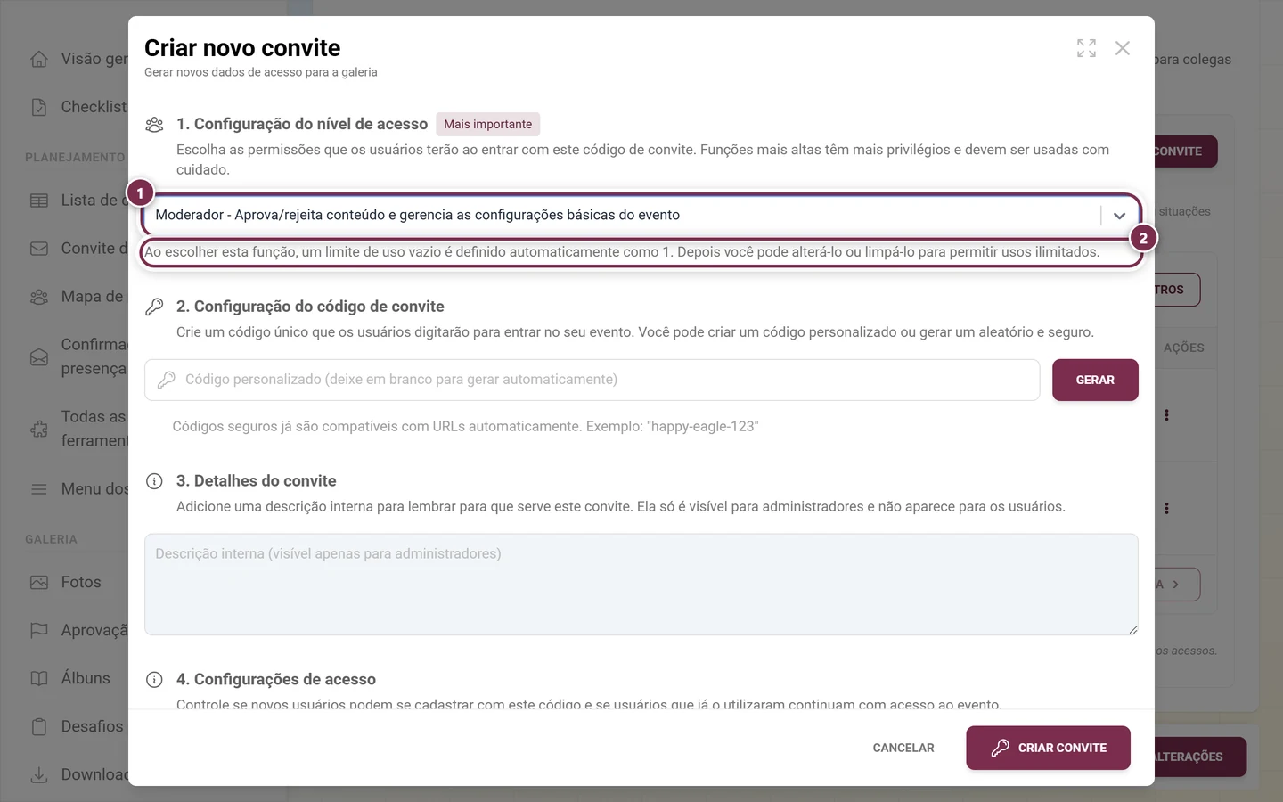 Diálogo de criação com a função Moderador escolhida e a Nota de segurança vermelha embaixo