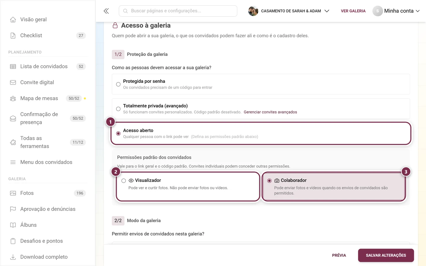 Proteção da galeria com a opção Acesso aberto escolhida e as opções Visualizador e Colaborador