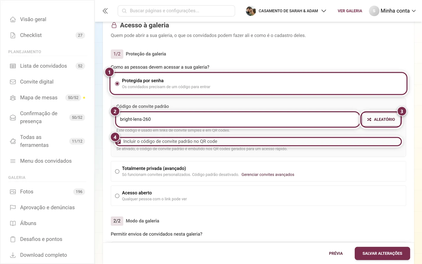 Proteção da galeria com a opção Protegida por senha escolhida, o campo Código de convite padrão, o botão Aleatório e a caixa de seleção do QR code