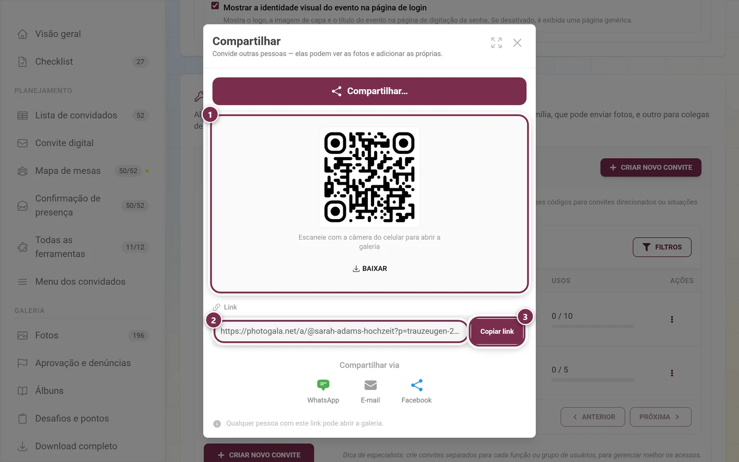 Diálogo Compartilhar com QR code, botão Baixar, campo Link e Copiar link