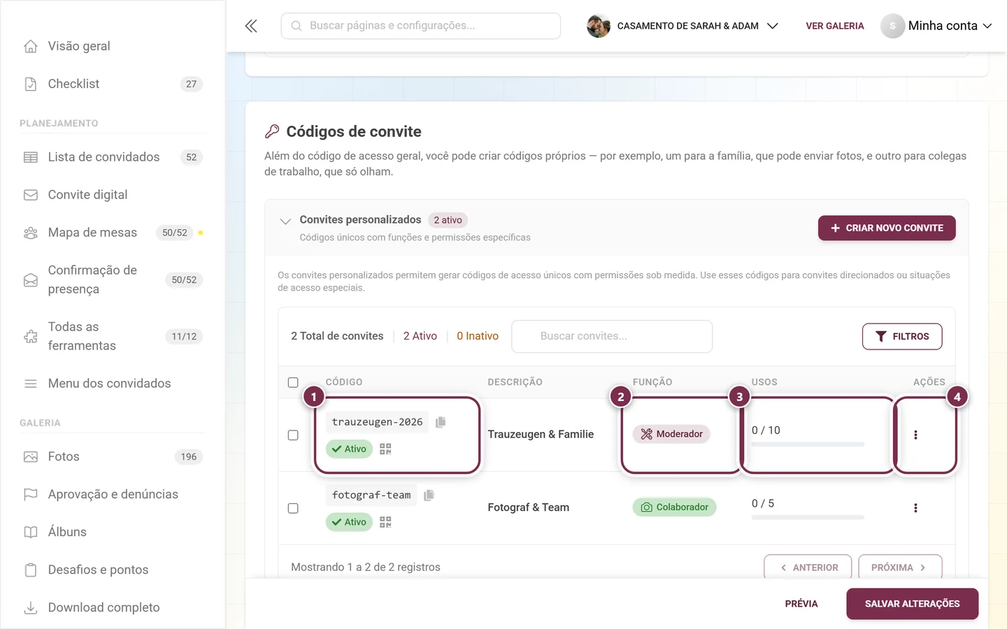 Tabela dos códigos de convite com as colunas de código, função, usos e ações destacadas