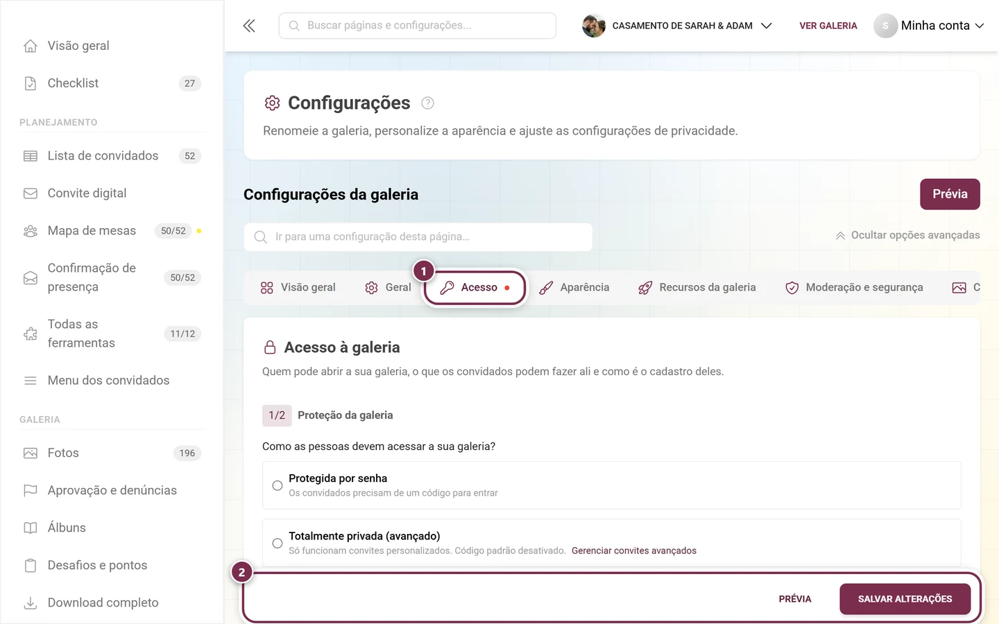 Linha de abas das configurações com um ponto vermelho na aba Acesso e a barra de salvar embaixo