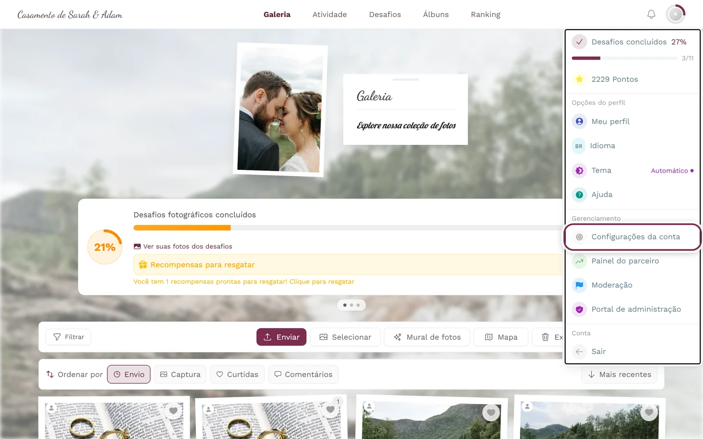Menu de perfil no canto superior direito, com o item Configurações da conta em destaque