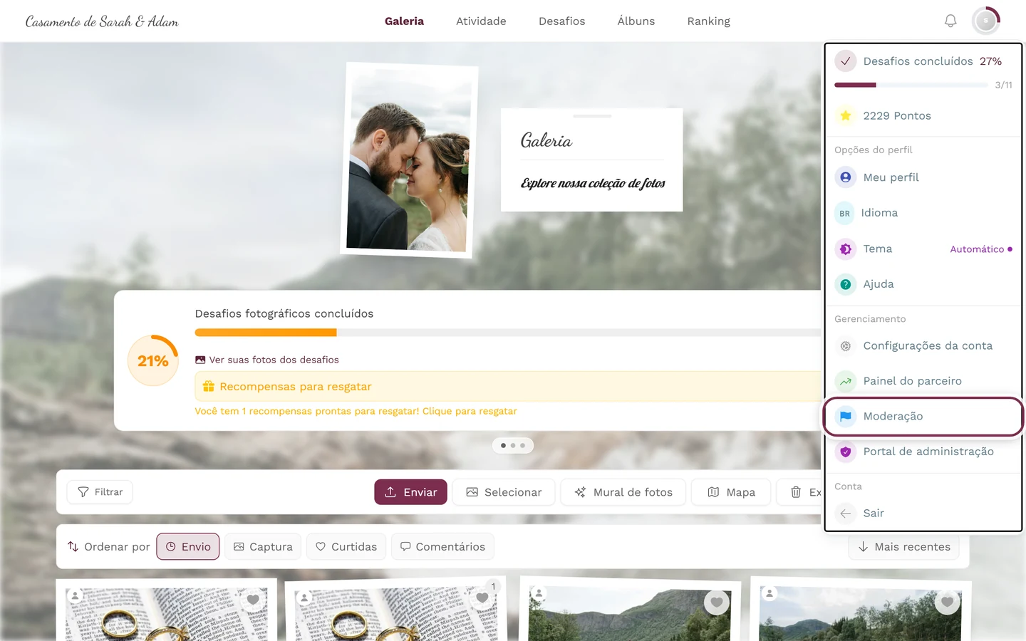 Menu de perfil aberto no canto superior direito, com o item Moderação destacado