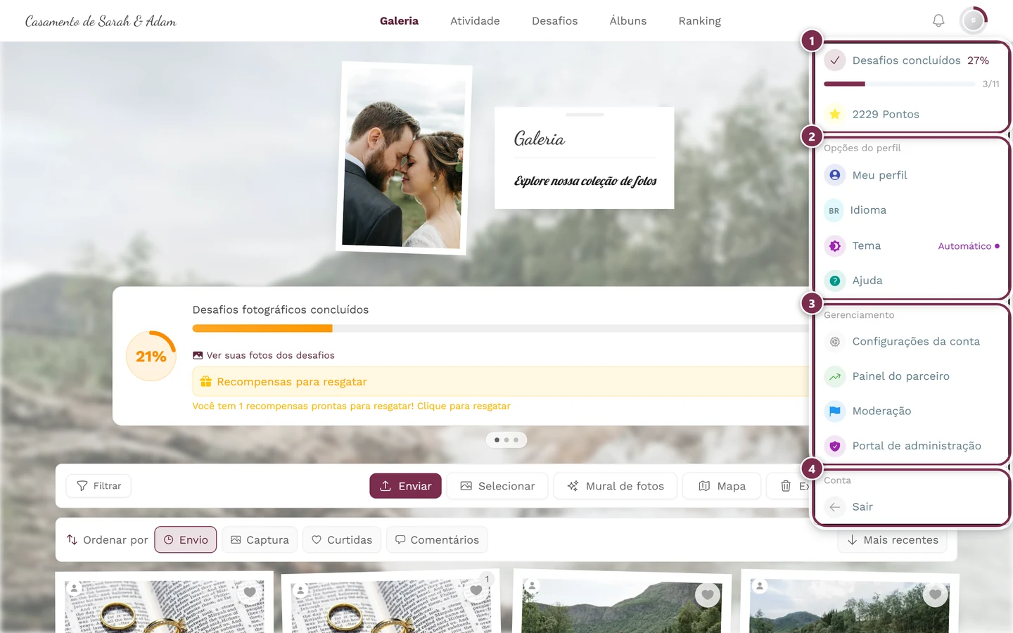 Menu do perfil aberto no canto superior direito com opções de perfil e gerenciamento
