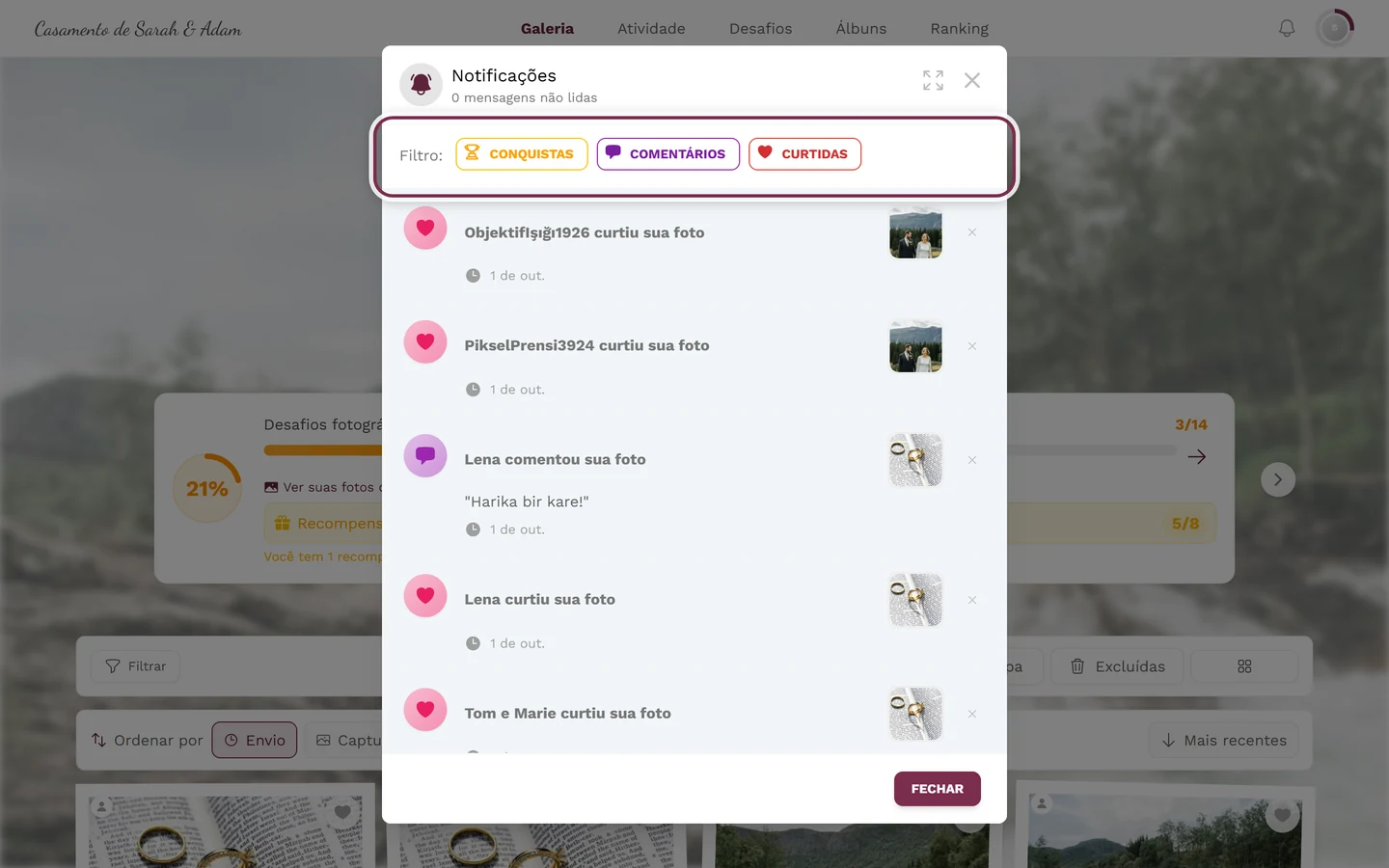Menu de notificações aberto, com a barra de filtros com os chips de tipo em destaque