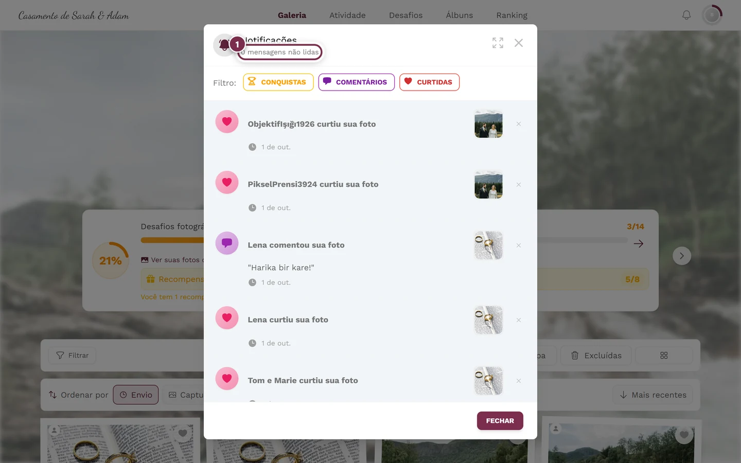 Diálogo de notificações aberto, com a linha das mensagens não lidas destacada