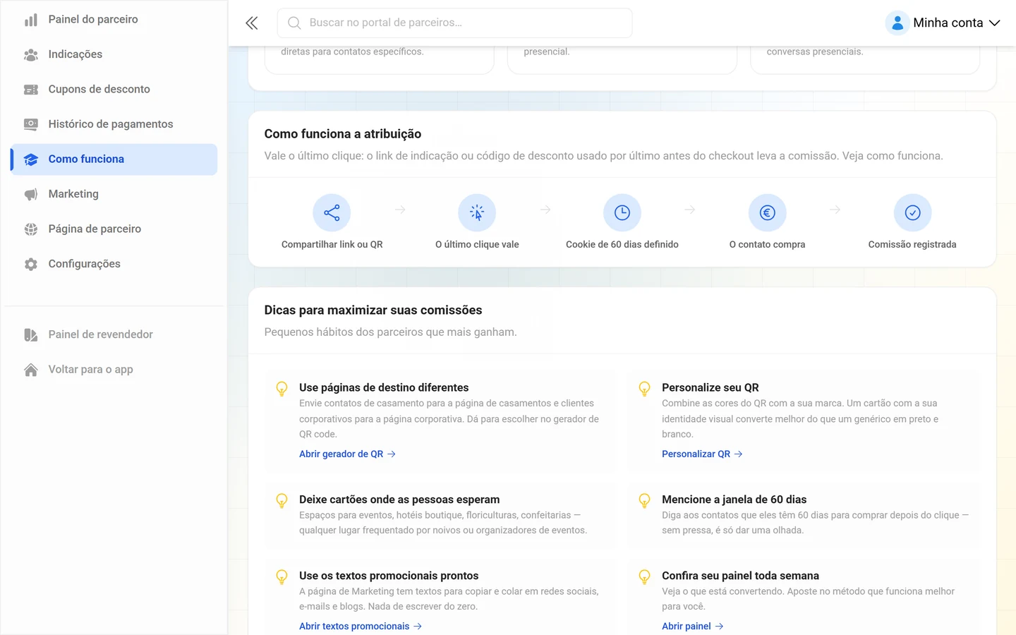 Gráfico do fluxo de atribuição, do compartilhamento do link até a comissão registrada