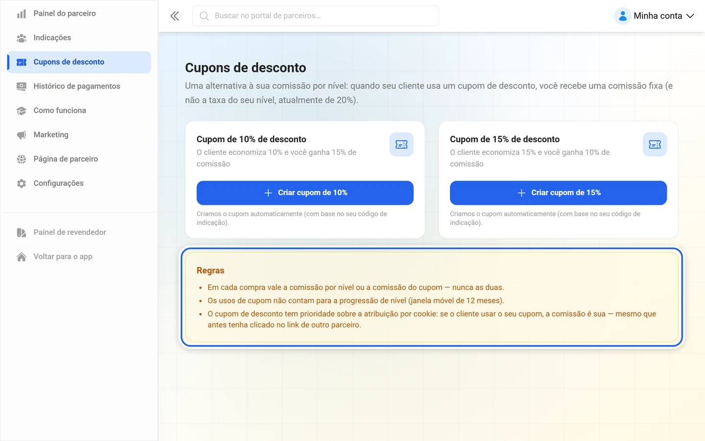 Caixa de aviso Regras destacada, com as três regras sobre comissão por código e por nível