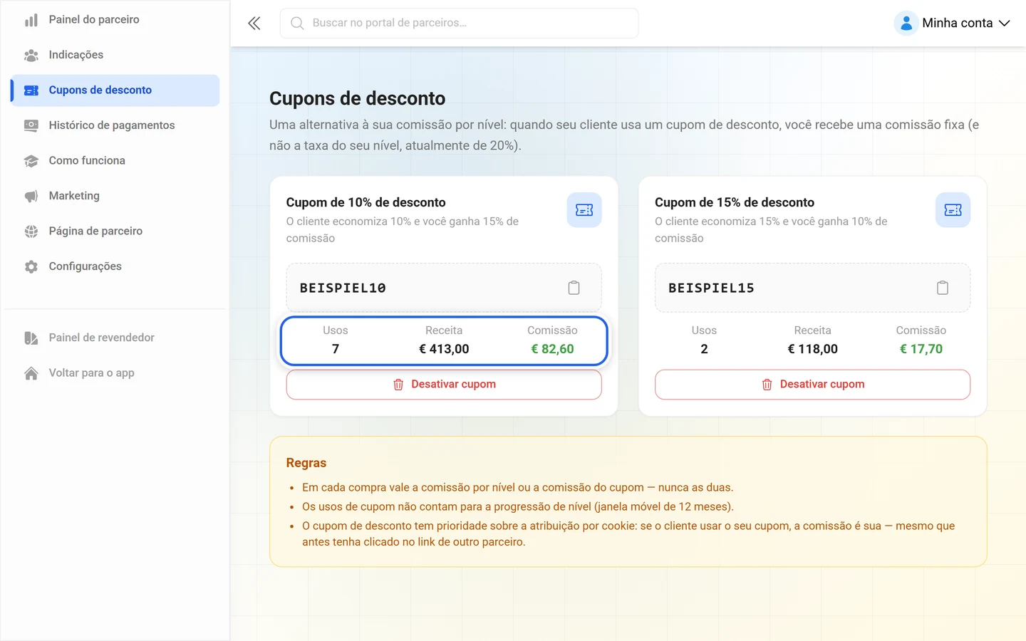 Cartão de código de desconto na área de parceiros com os números Usos, Receita e Comissão