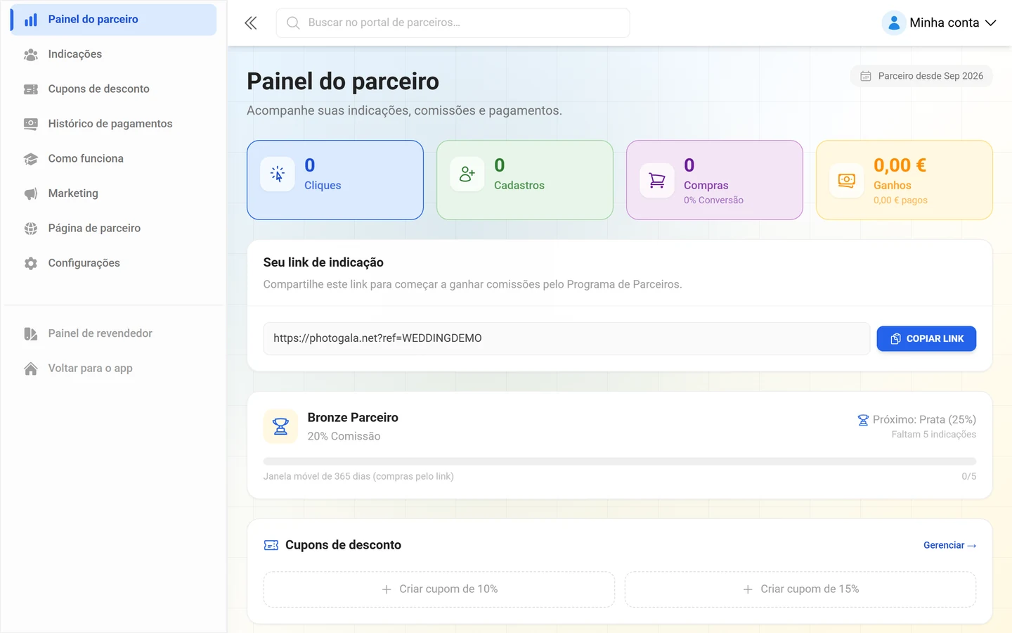 Painel de afiliado com indicadores e link de indicação