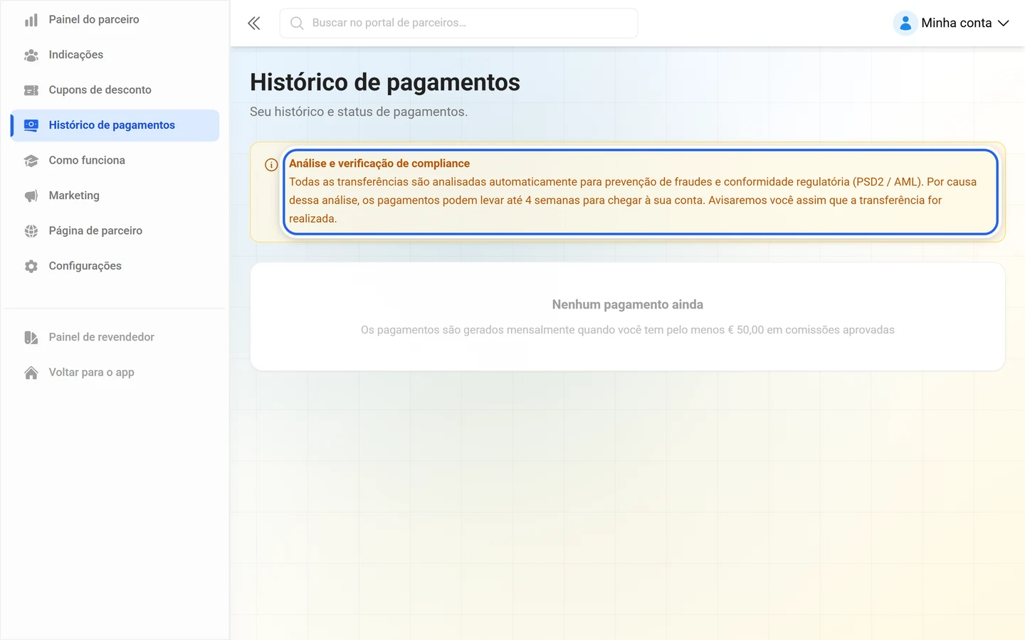 Página de pagamentos com o aviso de análise e verificação de compliance destacado acima do histórico
