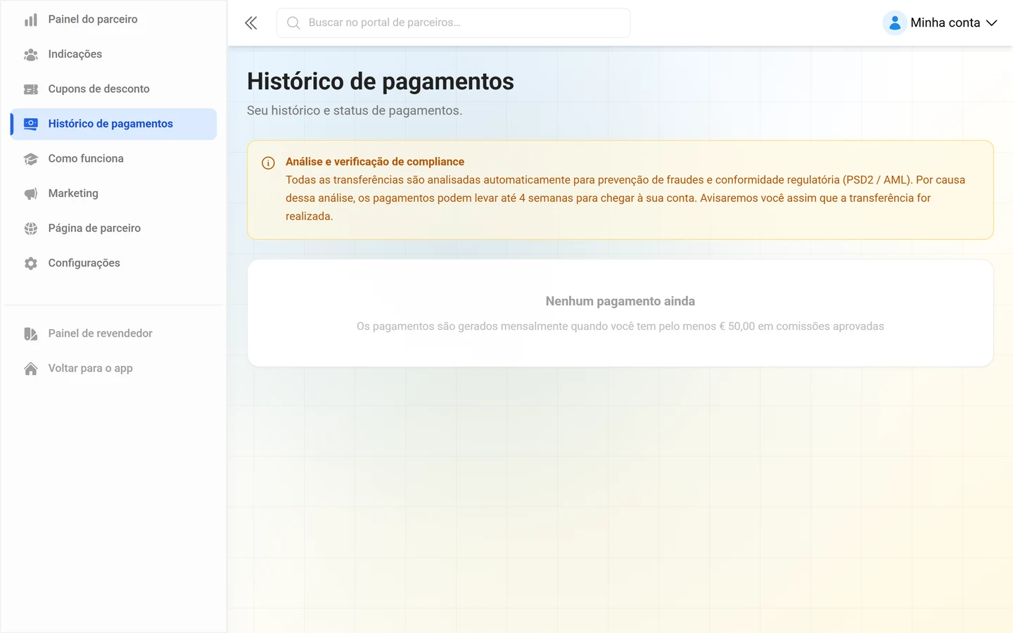 Histórico de pagamentos no portal do parceiro