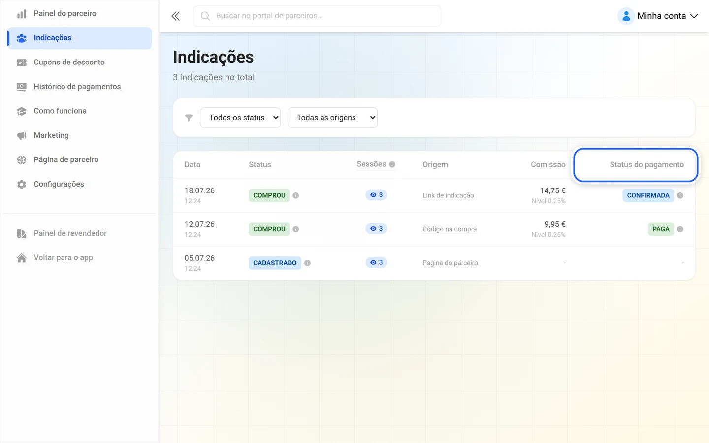 Tabela de indicações com a coluna Status do pagamento destacada