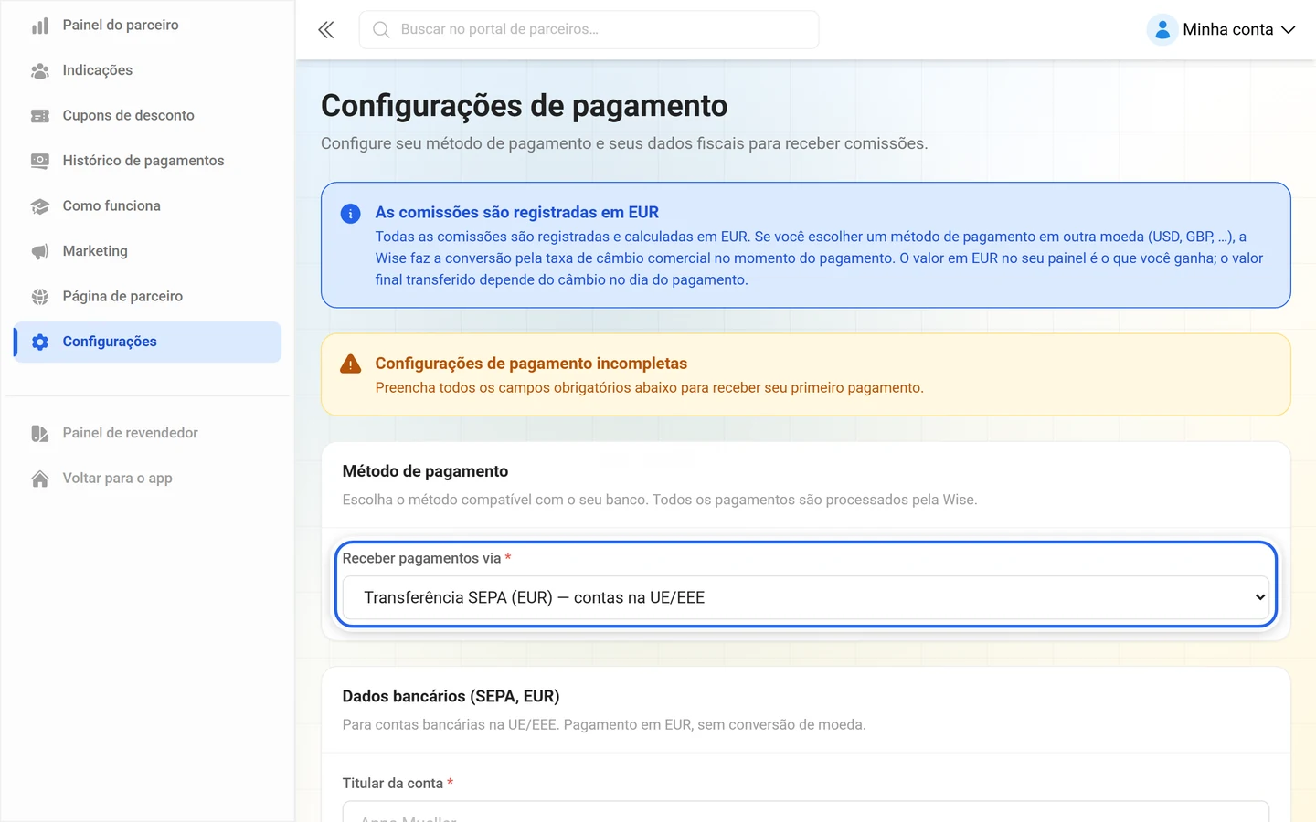 Configurações de pagamento com o campo de seleção Receber pagamentos via destacado, campos da conta borrados