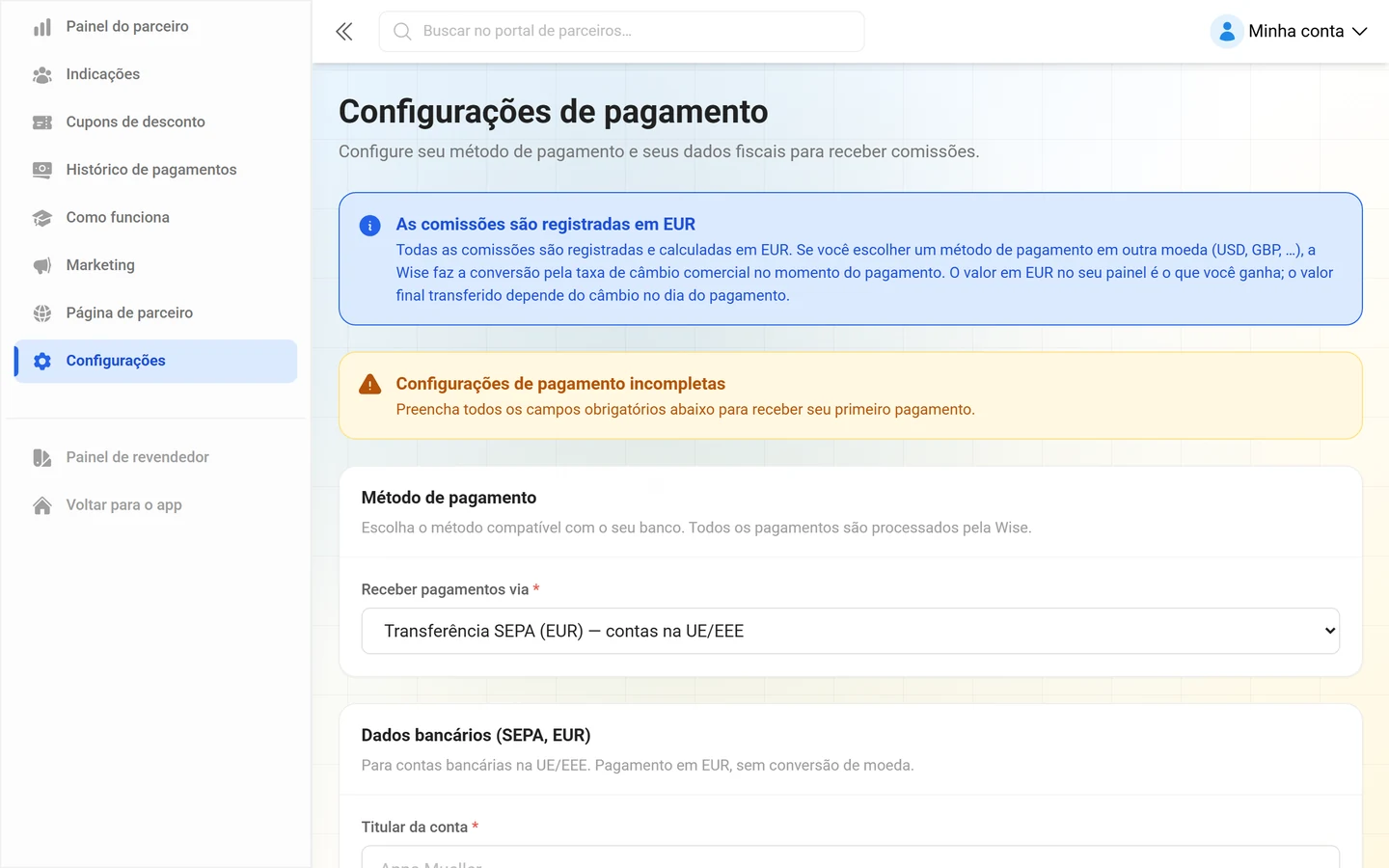 Configurações de pagamento e dados fiscais no portal do parceiro
