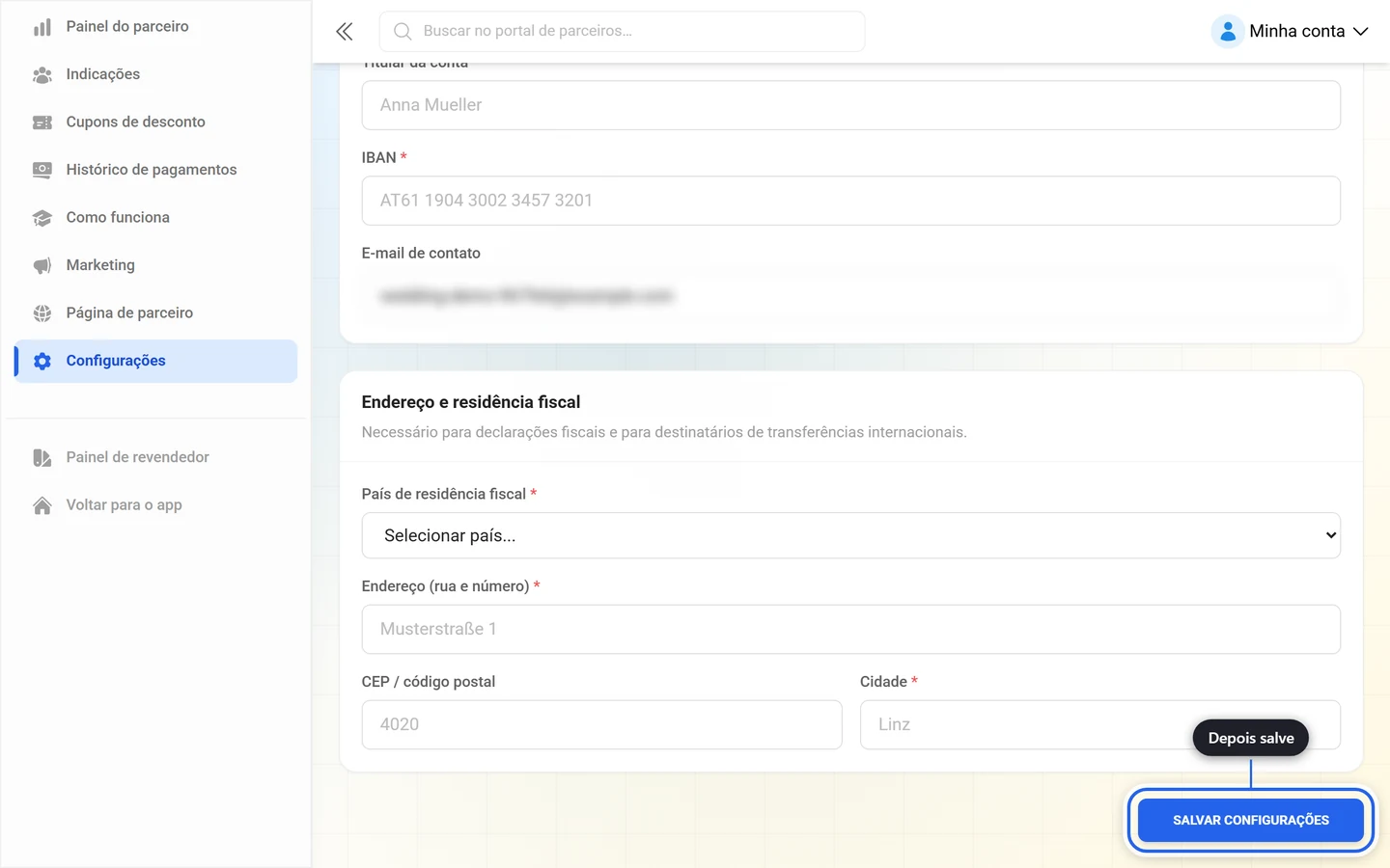 Parte de baixo das configurações de pagamento com o botão Salvar configurações destacado