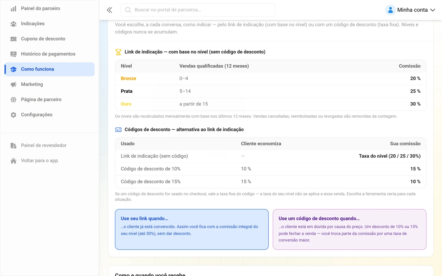 Tabela de níveis com Bronze, Prata e Ouro e, abaixo, a tabela das taxas dos códigos de desconto