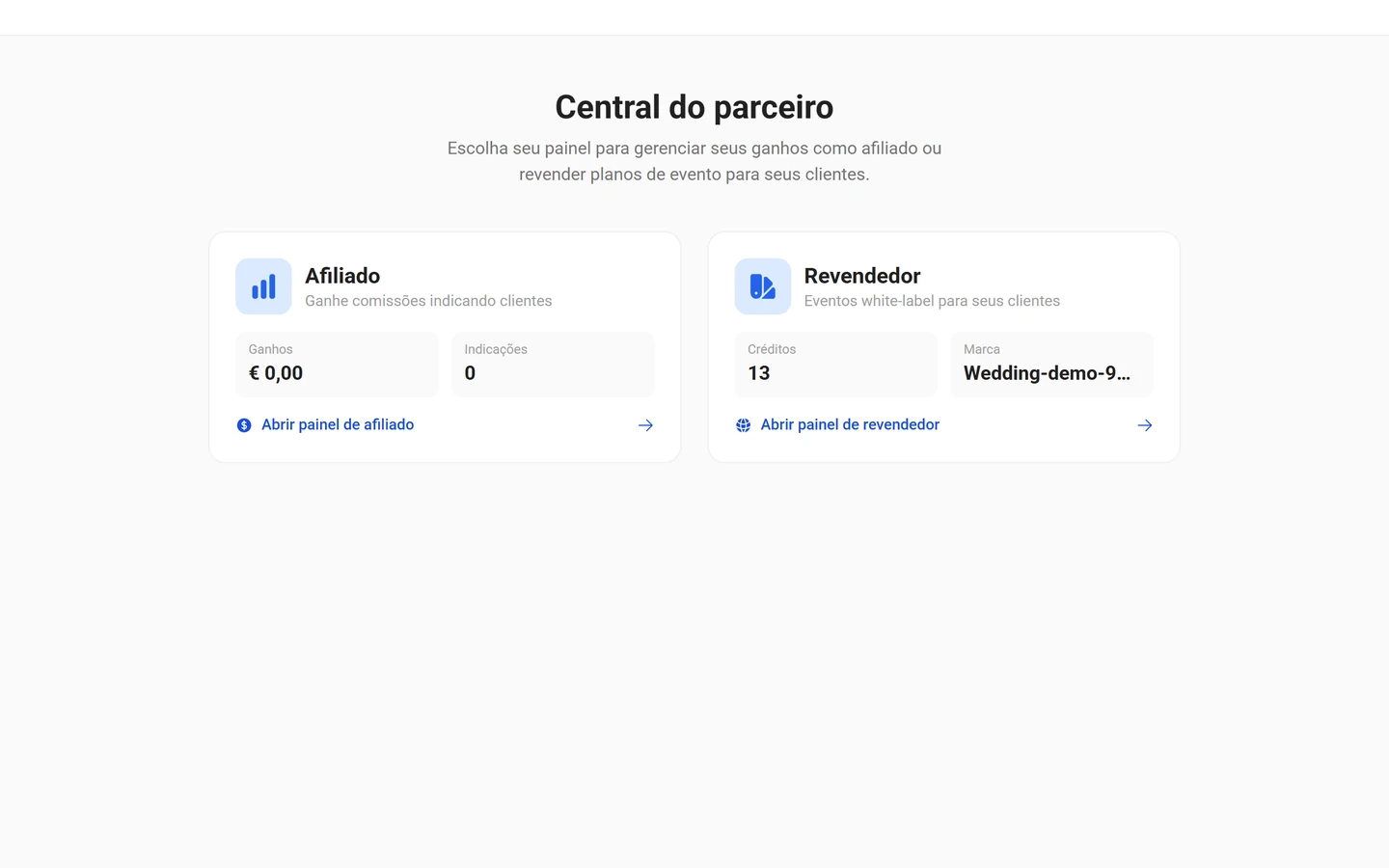 Portal do parceiro com a escolha entre afiliado e revendedor