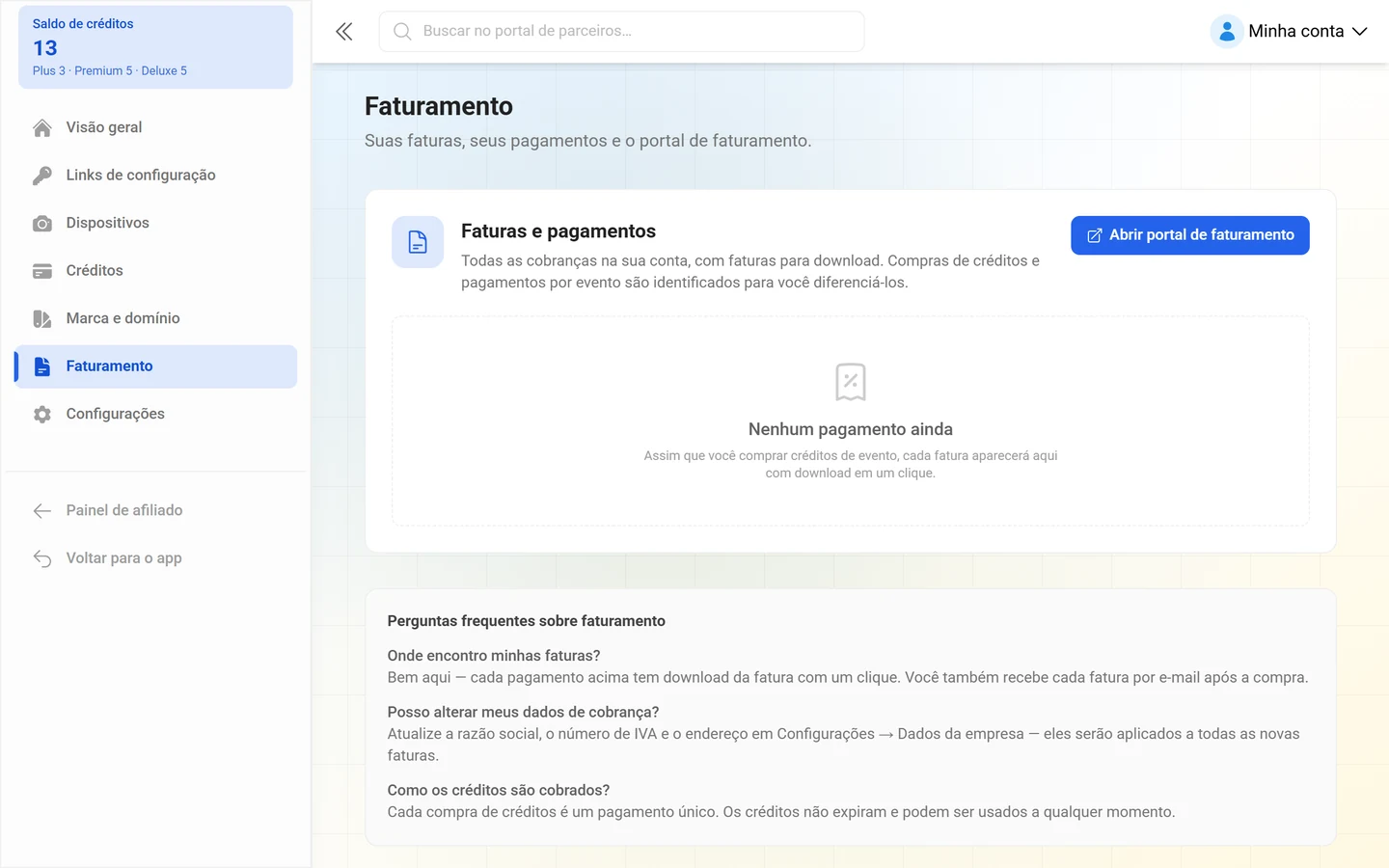 Página Faturamento com a lista Faturas e pagamentos
