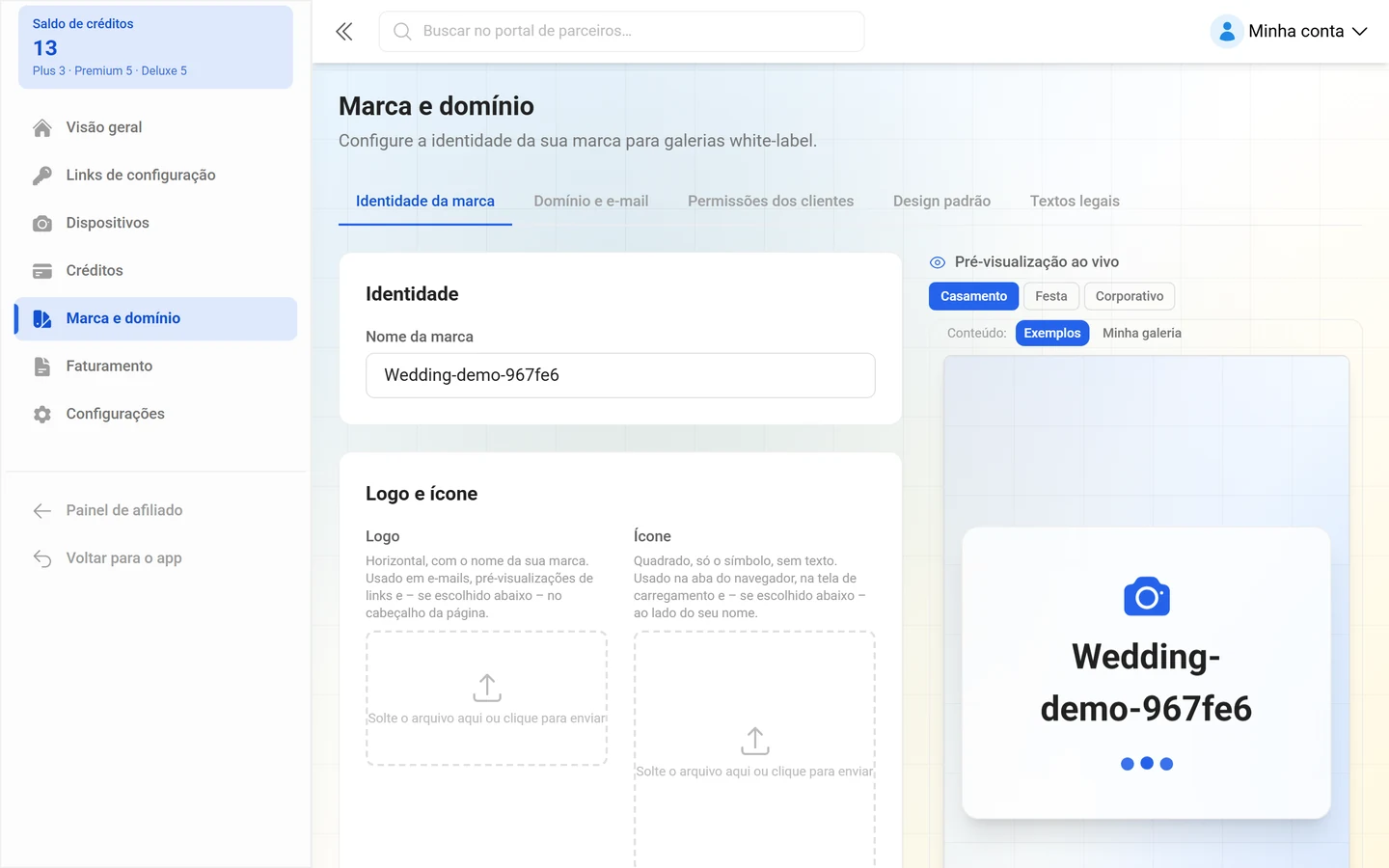 Configurações da marca no portal do revendedor com as cinco abas