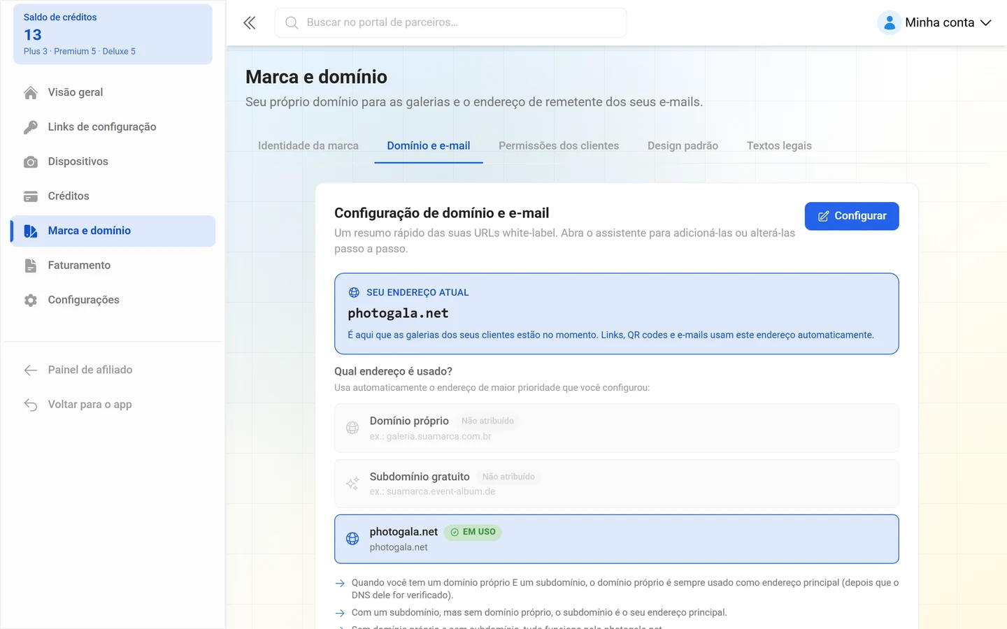 Aba Domínio e e-mail da gestão da marca
