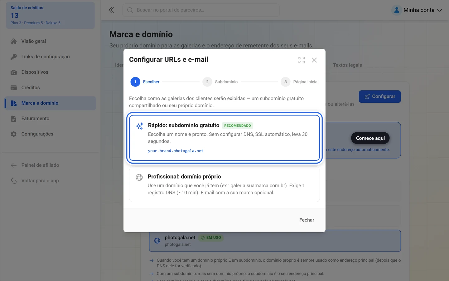Primeira etapa do assistente de URL com o cartão Rápido: subdomínio gratuito destacado