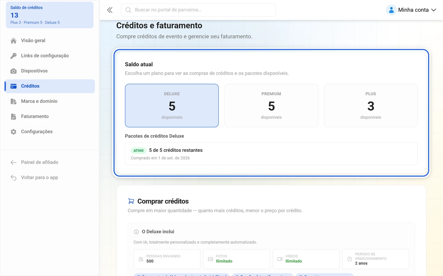 Cartão de saldo com a seleção de plano destacada