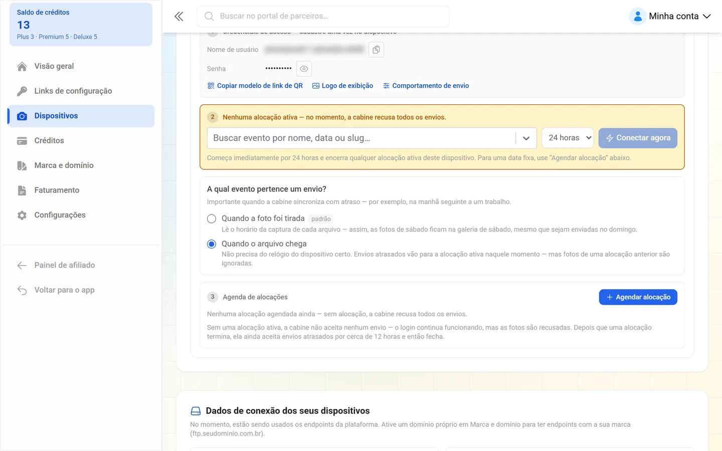 Escolha entre “Quando o arquivo chega” e “Quando a foto foi tirada”, com a seção Agenda de alocações abaixo