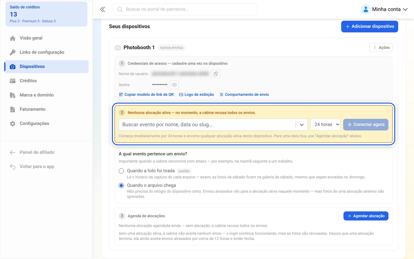 Seção 2 do cartão do dispositivo com a escolha do evento, a duração e o botão Conectar agora destacado
