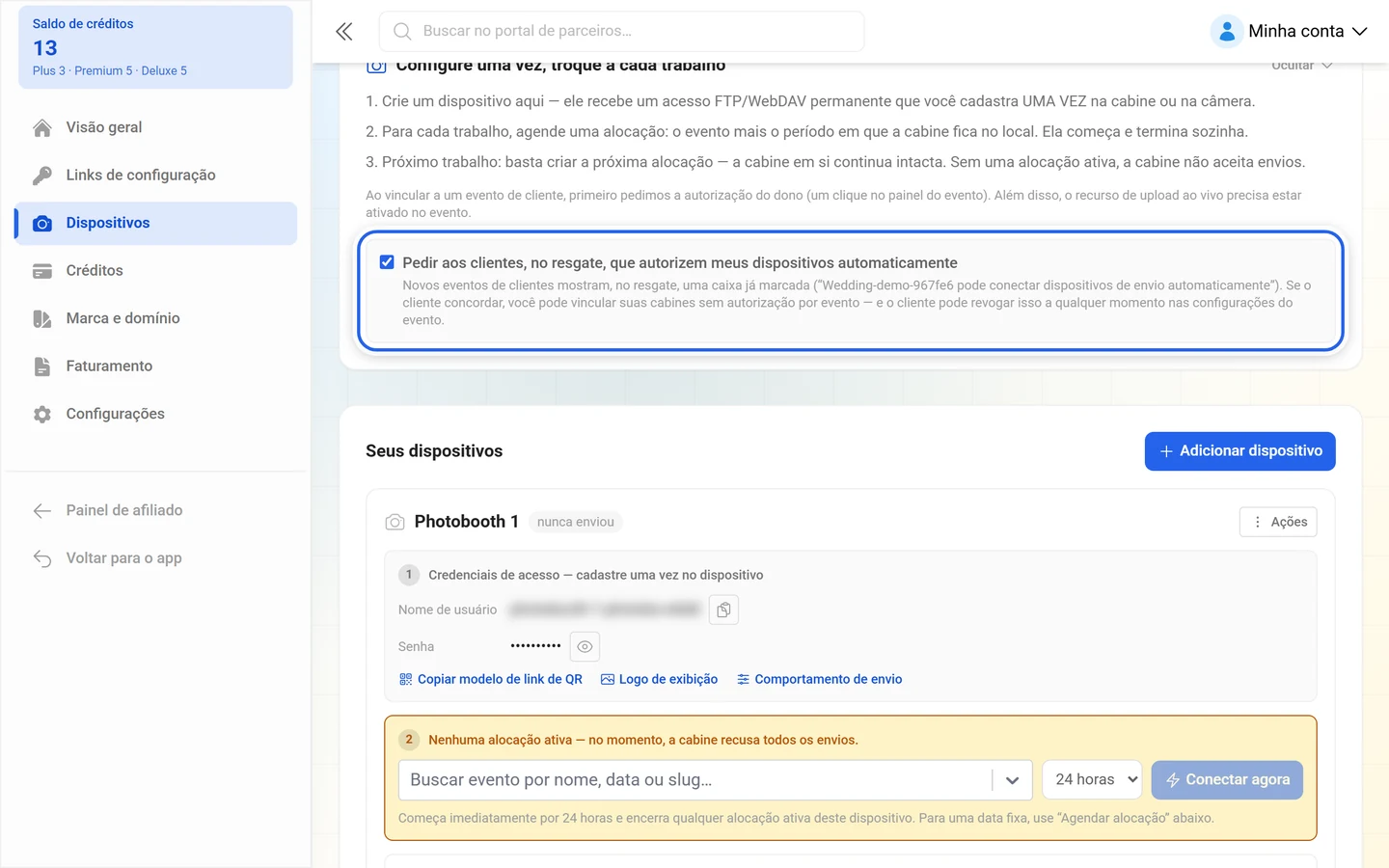 Caixa marcada Pedir aos clientes, no resgate, que autorizem meus dispositivos automaticamente