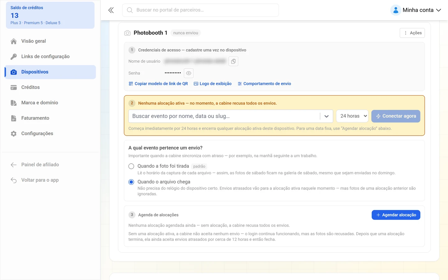 Cartão de dispositivo com as seções numeradas dados de acesso, alocação e agenda de alocações