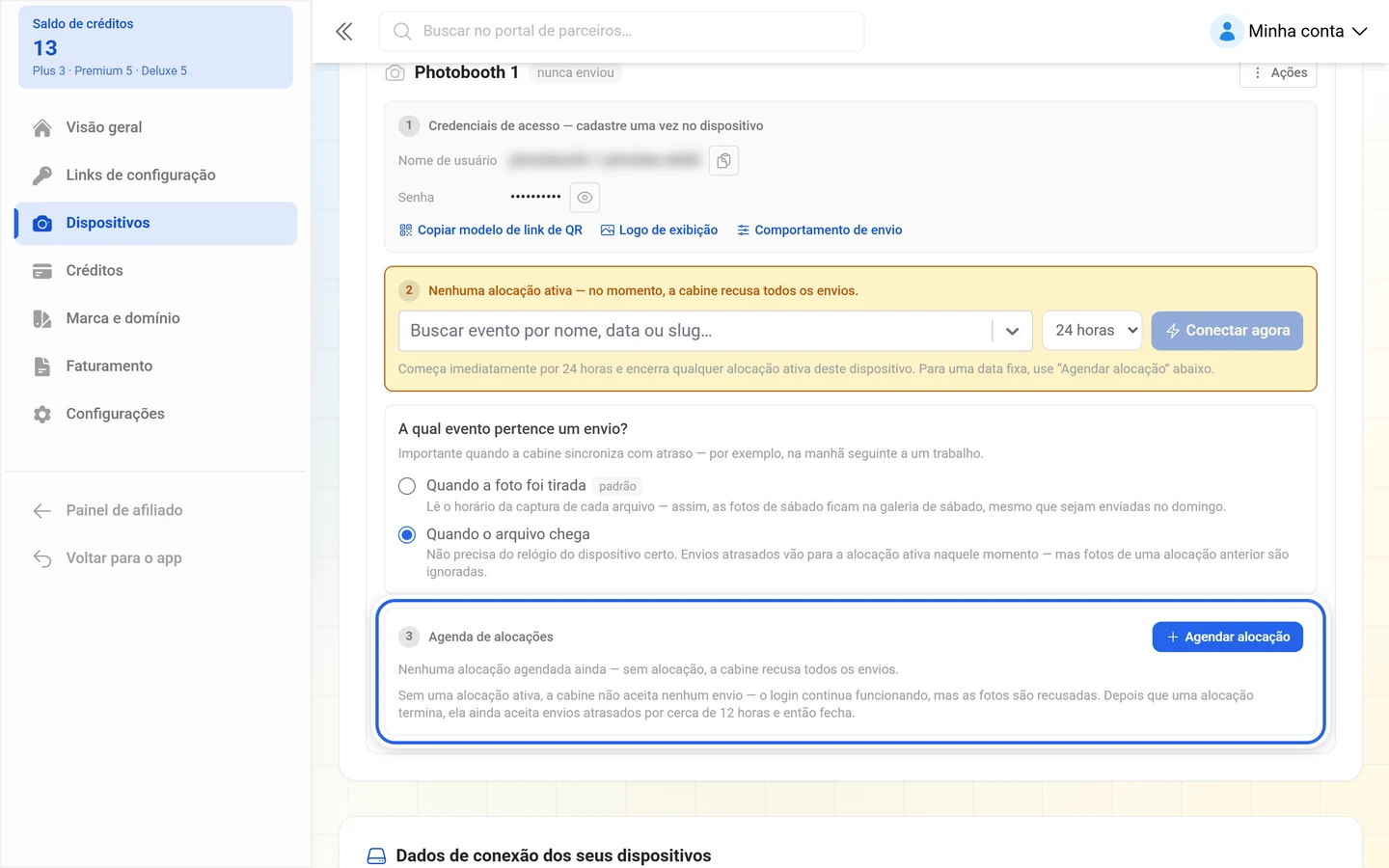 Seção 3 do cartão do dispositivo com a agenda de alocações e o botão Agendar alocação