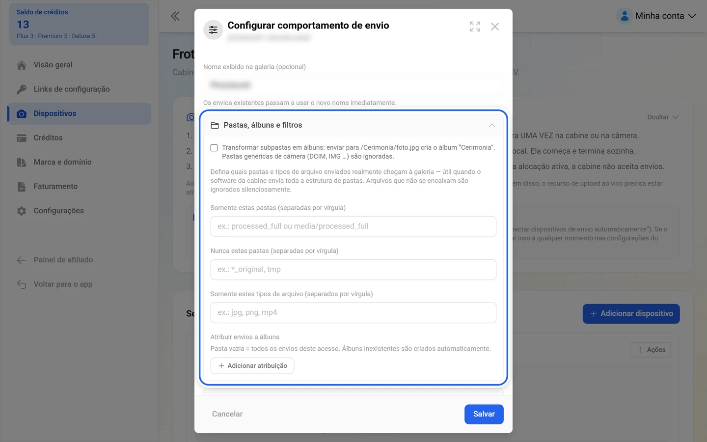 Caixa de diálogo Configurar comportamento de envio com o grupo Pastas, álbuns e filtros destacado