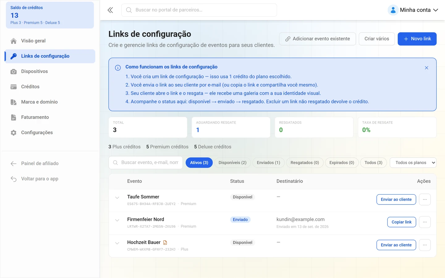 Página Links de configuração com indicadores e a lista de chaves