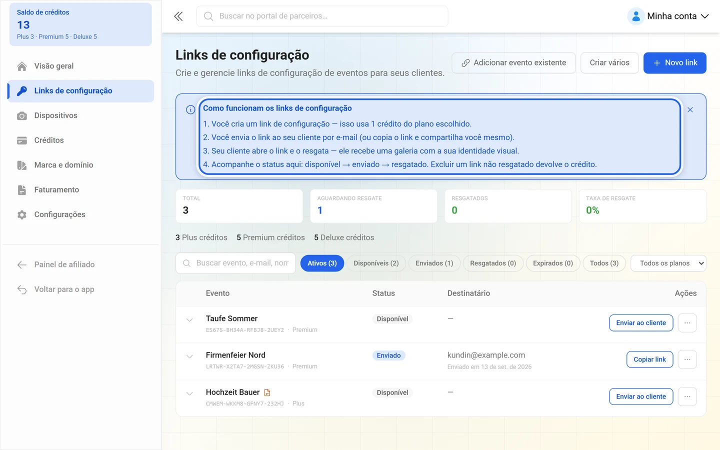 Caixa explicativa Como funcionam os links de configuração com quatro etapas