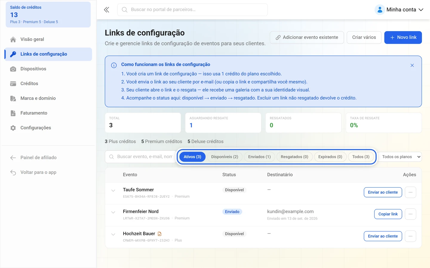 Pílulas de filtro da lista de links de configuração com contadores, destacadas