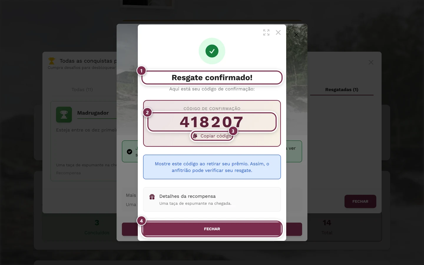 Diálogo de sucesso com o código de confirmação de seis dígitos e quatro marcações