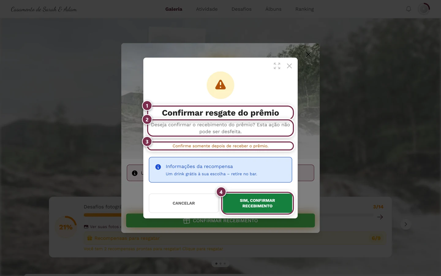 Diálogo de alerta “Confirmar resgate do prêmio” com quatro marcações