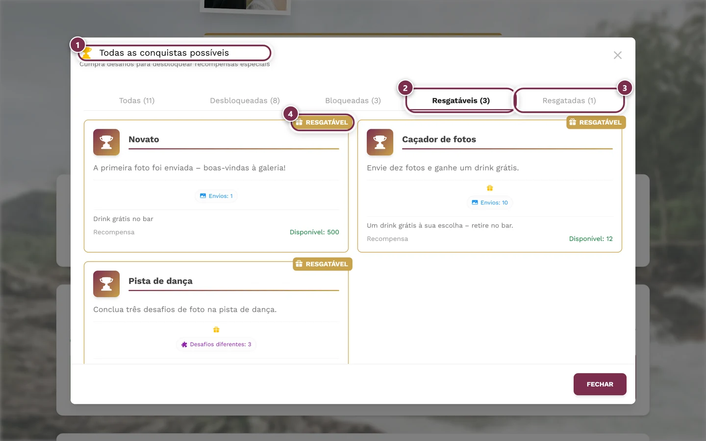 Diálogo de conquistas com as abas Todas, Desbloqueadas, Bloqueadas, Resgatáveis e Resgatadas