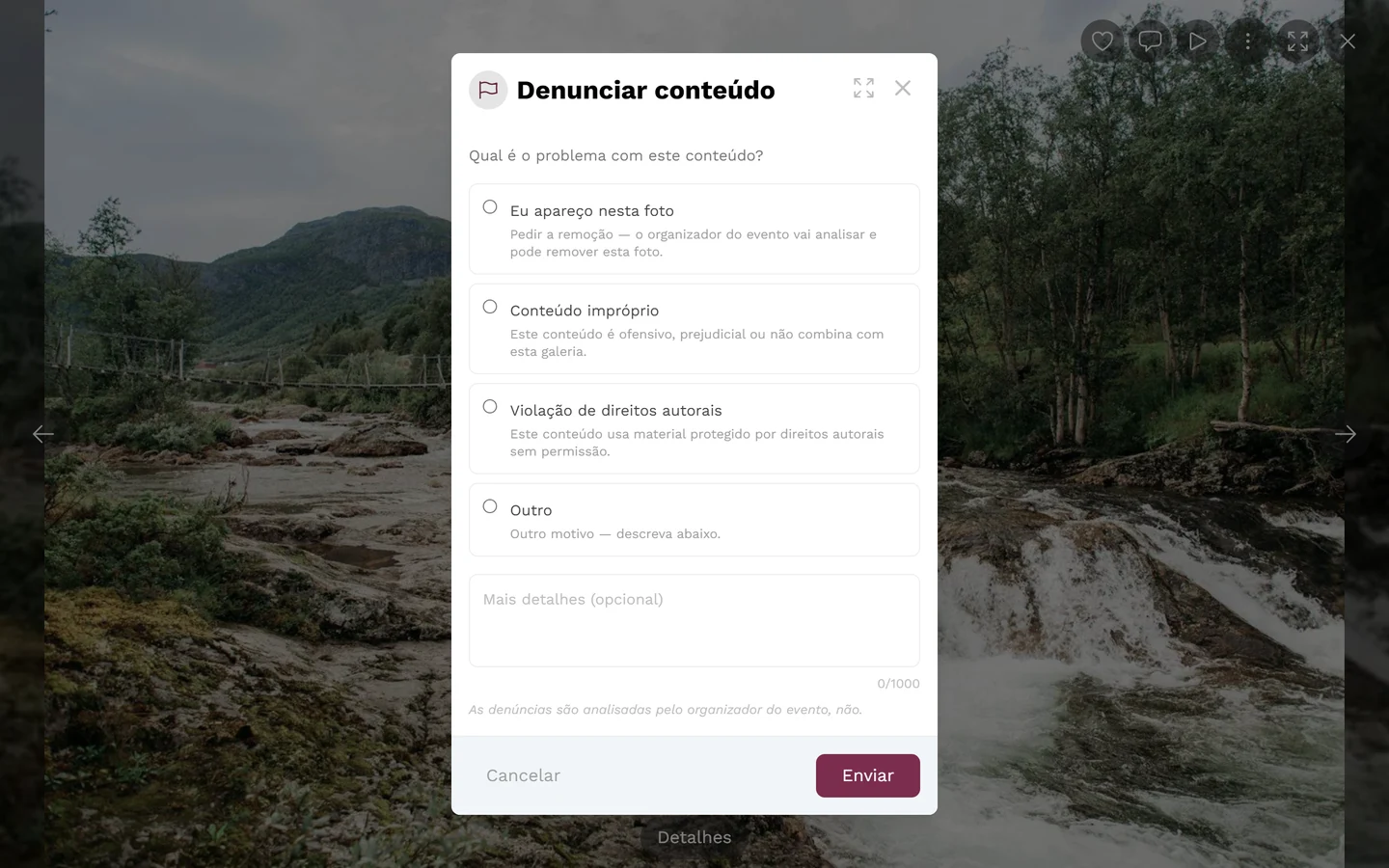 Diálogo de denúncia com a escolha dos motivos
