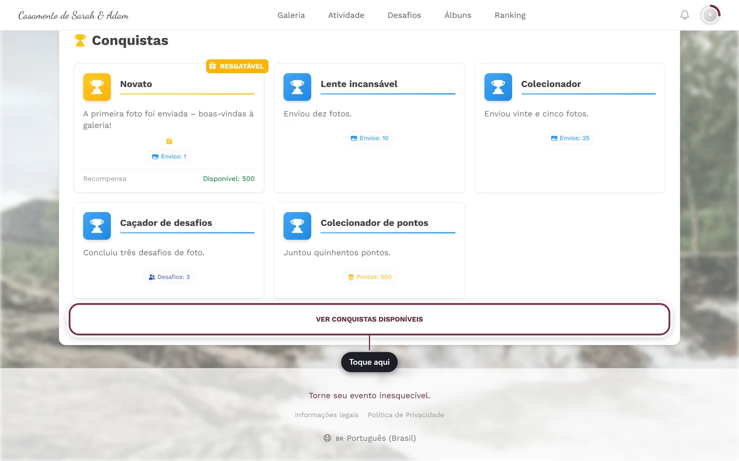 Seção de conquistas no perfil com o botão Ver conquistas disponíveis marcado em vermelho