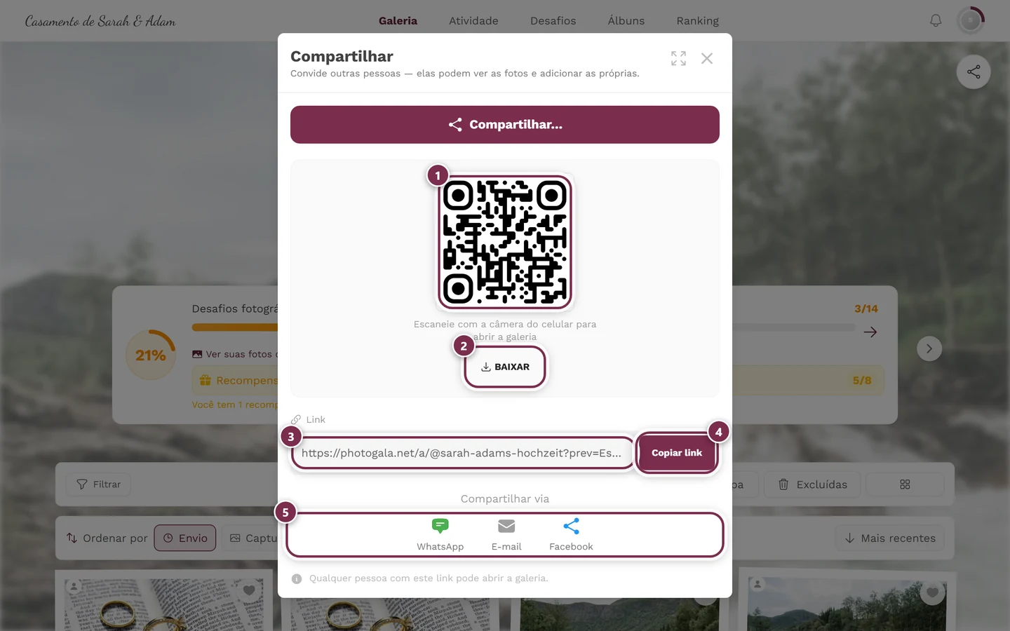 Diálogo de compartilhamento com QR code, botão Baixar, campo do link, Copiar link e os botões diretos