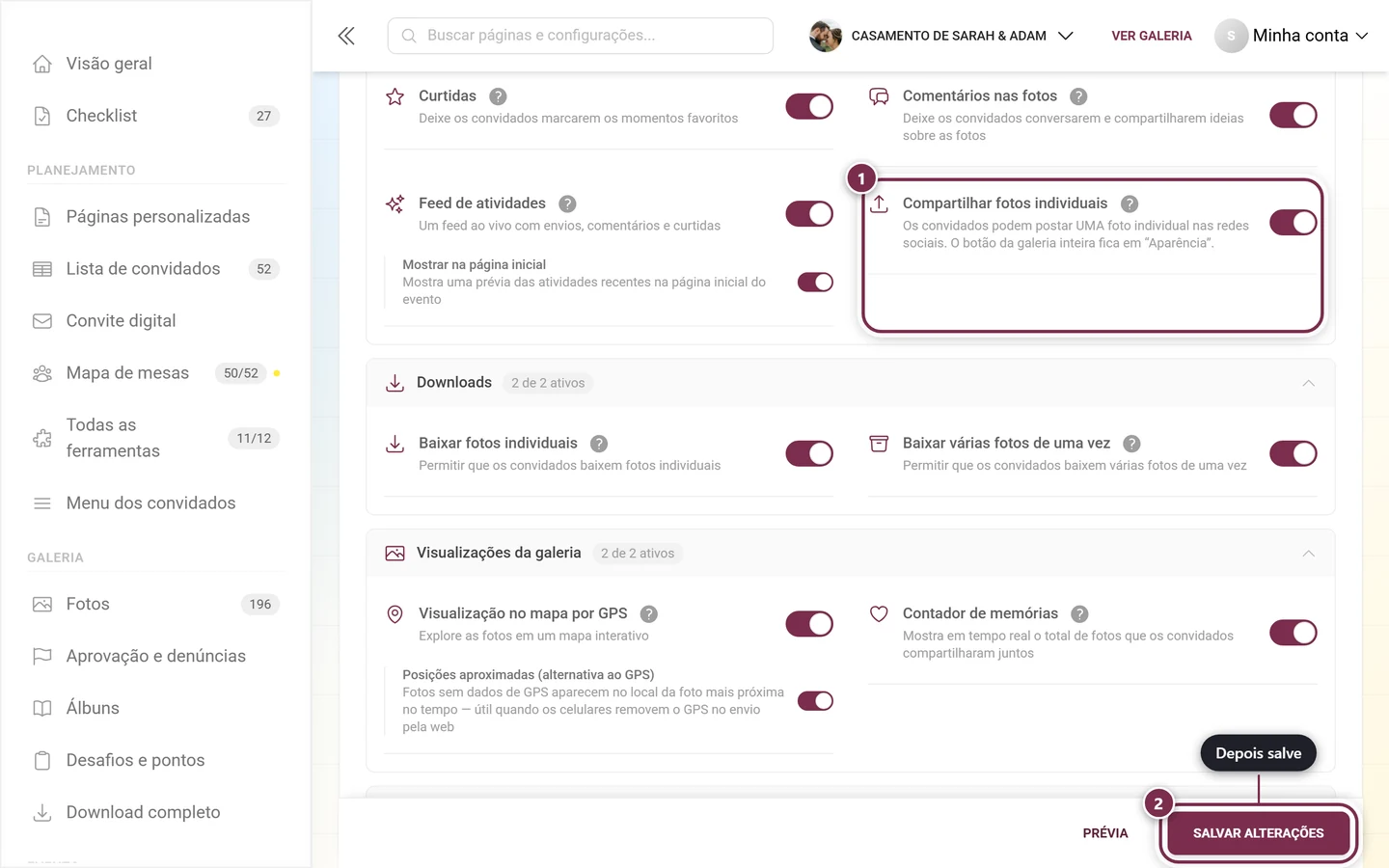Aba Recursos da galeria com o interruptor Compartilhar fotos individuais destacado