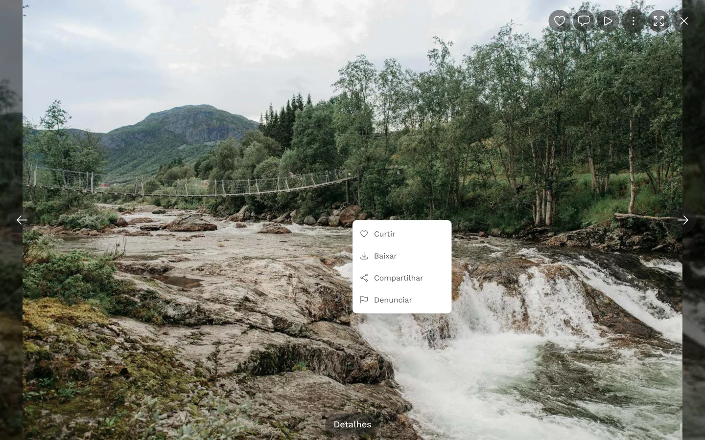 Menu de contexto aberto sobre a imagem grande, com Descurtir, Baixar, Compartilhar e Denunciar